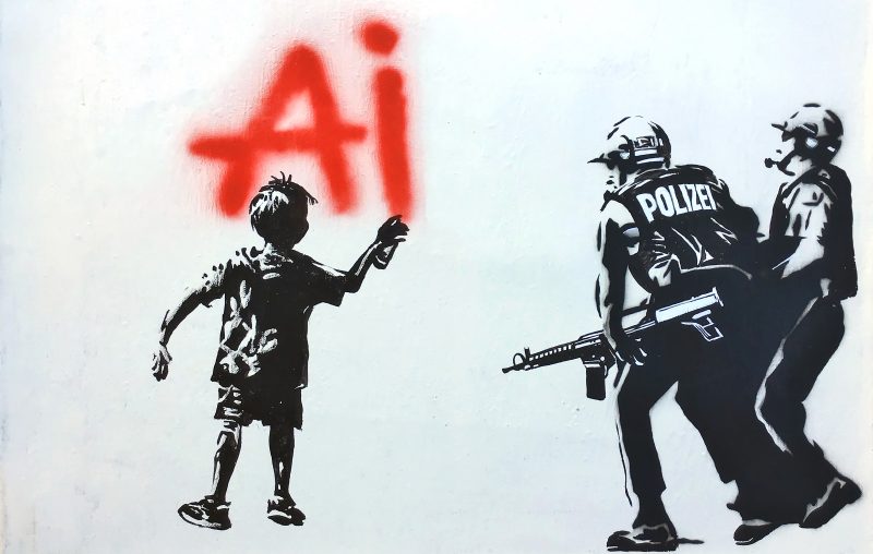 Ein Kunstwerk: Ein Kind, das von hinten zu sehen ist, sprüht "AI" an eine Wand. Zwei Polizisten nähern sich dem Kind von der Seite.